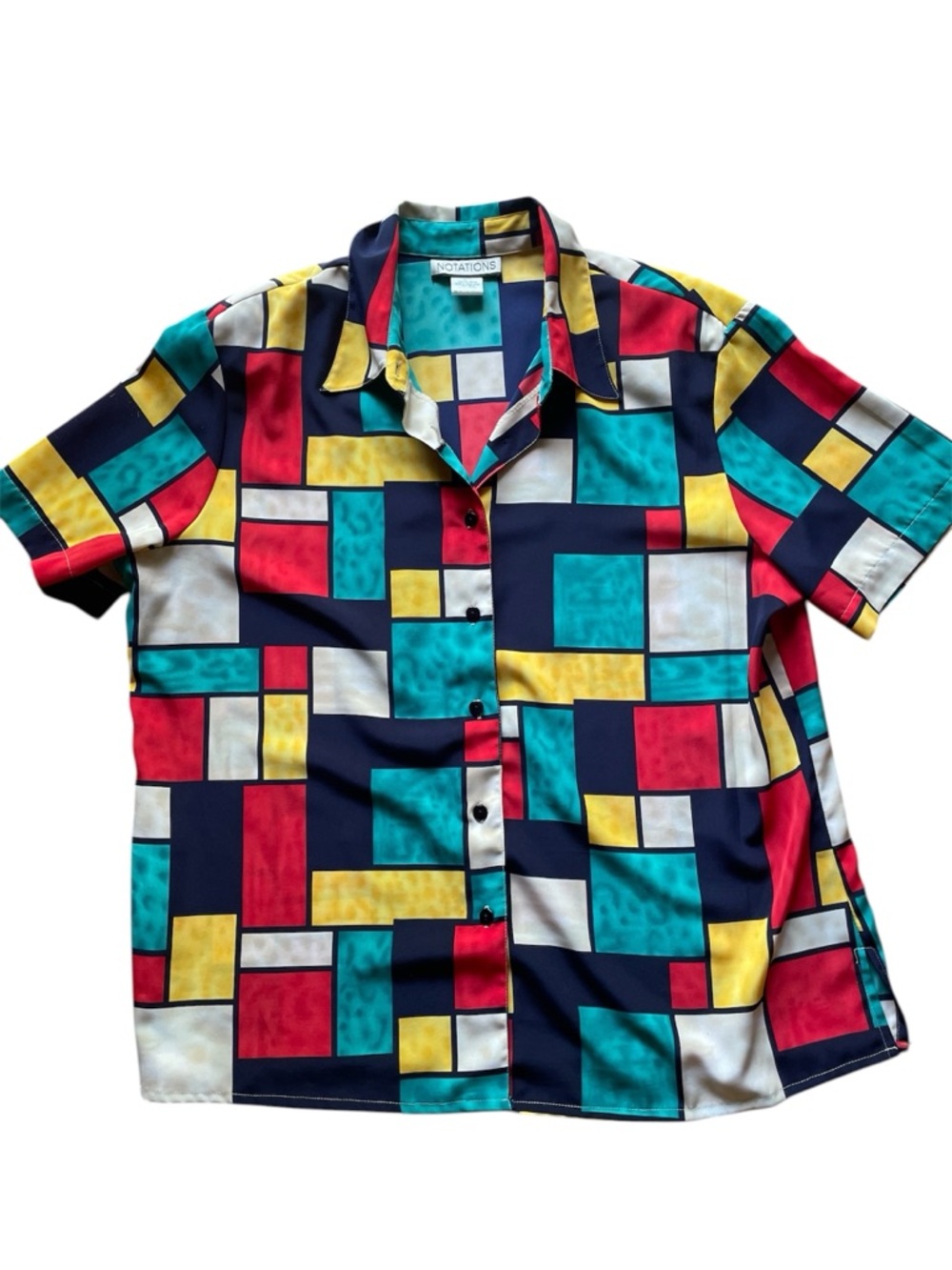 Vintage Notations Multicolor Geometric Short-Sleeve Shirt button up women’s L